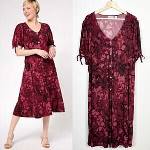 Susan Graver Womens Liquid Knit V Neck Short Sleeve Button Front Midi Dress 3X P